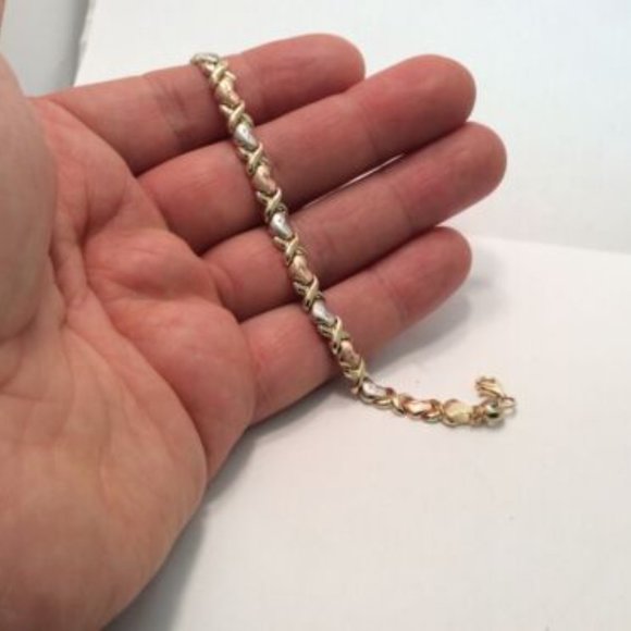 Lady 14k Tri-Color REAL Solid Gold XO Hearts and Kisses Cz Bracelet 7 1/4'' 5.3g - Picture 6 of 8